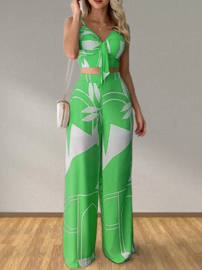 Tropical Print Spaghetti Strap Crop Top and Wide Leg Pants Set