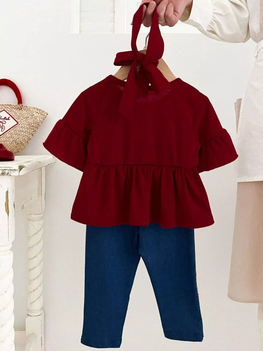 Children's Ruffle Sleeve Top & Floral Patch Pants Set