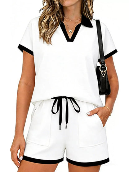 Polo Collar Short Sleeve Top and Shorts Set