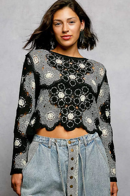 POL Floral Weave Pattern Crochet Cropped Top with Beads Detail