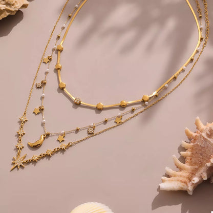 18K Gold-Plated Stainless Steel Zircon Star Moon Necklace
