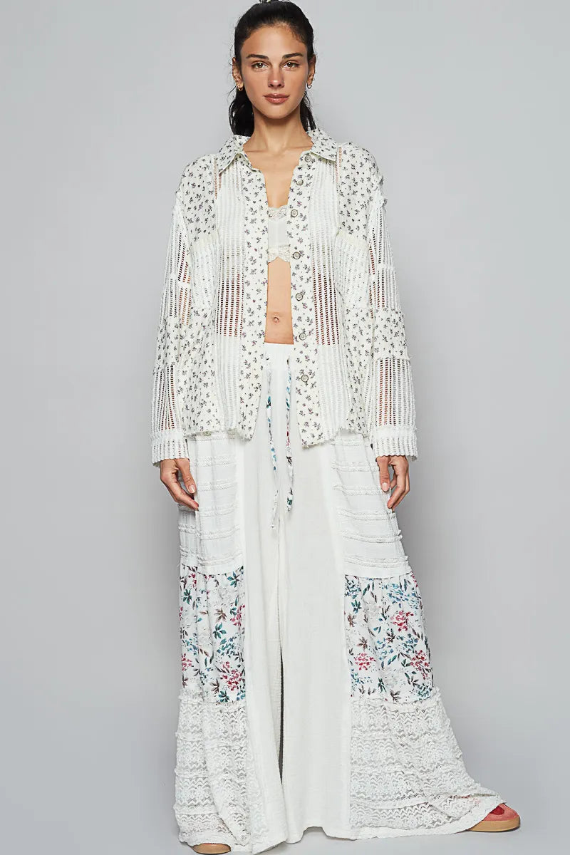 POL Floral Crochet Patchwork Long Sleeve Shirt