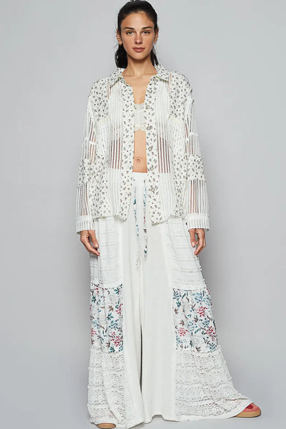 POL Floral Crochet Patchwork Long Sleeve Shirt