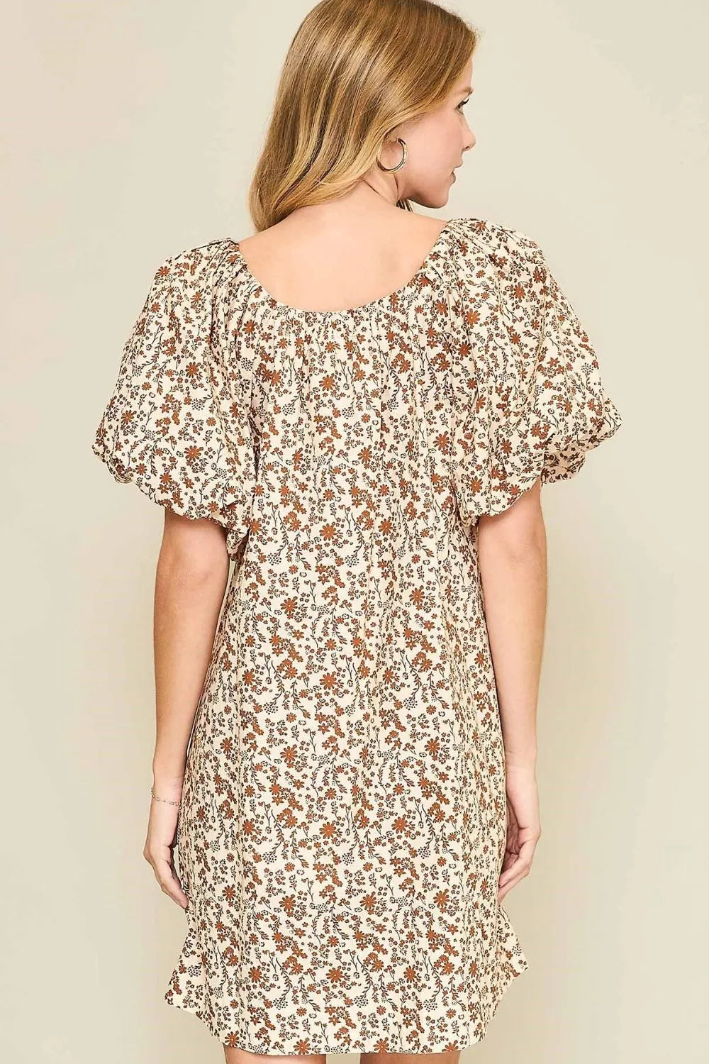 Umgee Full Size Lace Tape Drawstring Floral Puff Sleeve Mini Dress Plus Size