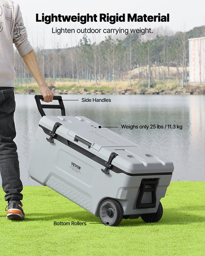 Portable Cooler 74 QT Insulated Wheeled Cooler 120 Can Capacity With Cup Holder