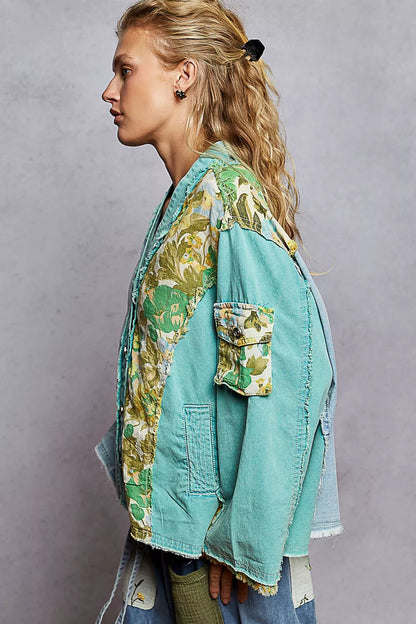 POL Button Down Floral V-Neck Long Sleeve Raw Hem Top