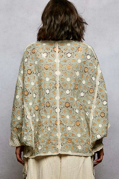 POL Open Front Floral Pattern Crochet Cardigan