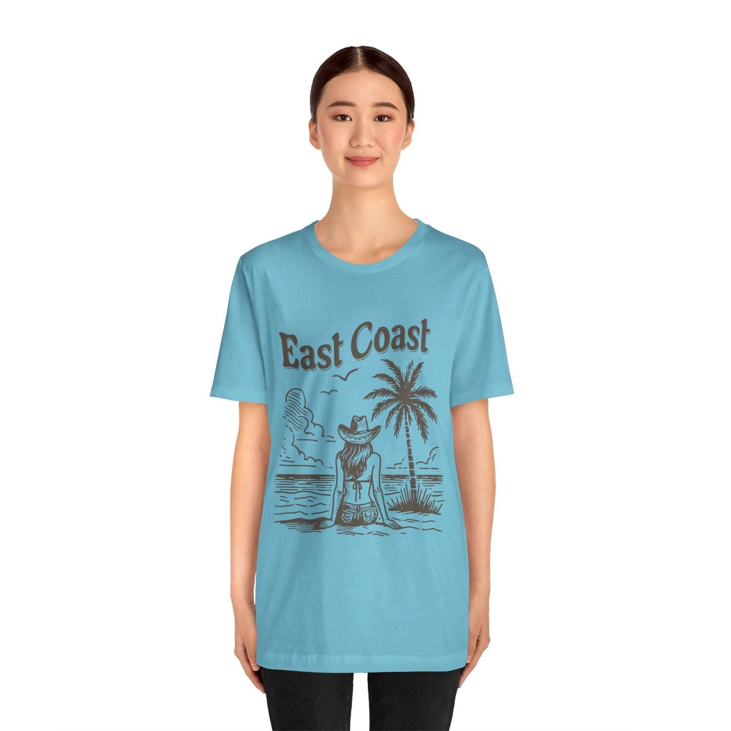 TS-038ML-24 women’s beach sketch shirt beach scene tee for women woman sitting on beach t-shirt beach lover shirt women’s coastal Art graphic tee
