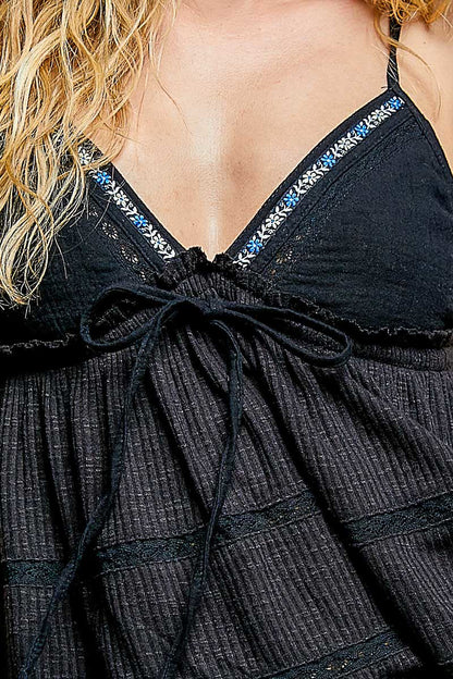 POL V-Neck Embroidered Trim Ruffled Cami