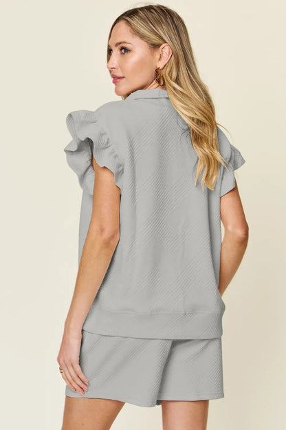 Double Take Full Size Texture Flounce Sleeve Top and Drawstring Shorts Set