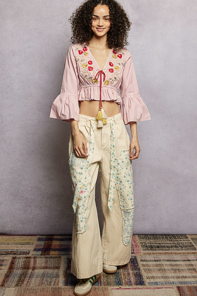 POL Floral Embroidered Cropped Blouse with Flared Ruffle Sleeves