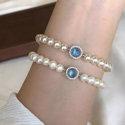 925 Sterling Silver Zircon Bead Pearl Bracelet
