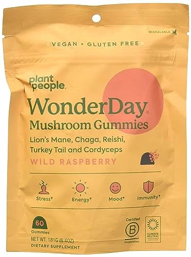 Plant People Wonderday Mushroom Gummies, Raspberry, 60 Count, Gluten-Free