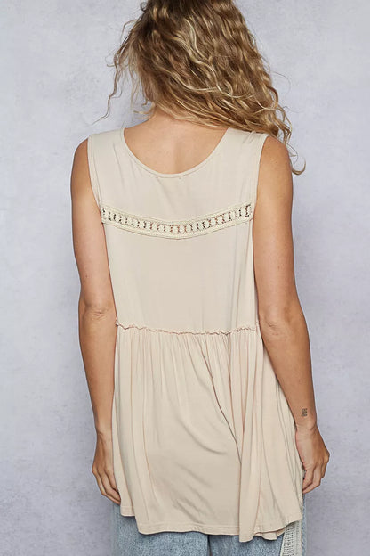 POL Lace Trim Babydoll Sleeveless Top with Ruffled and Raw Edge Detail