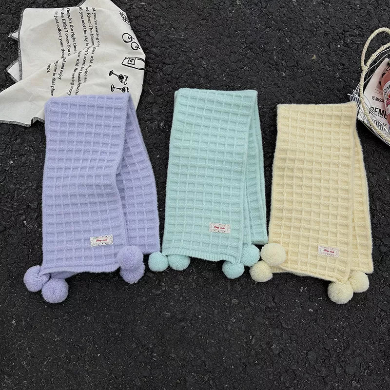 Waffle Knit Pom-Pom Scarf