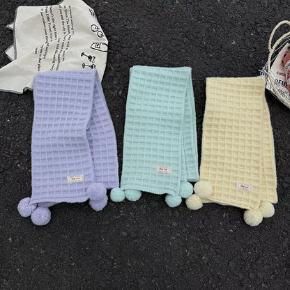 Waffle Knit Pom-Pom Scarf