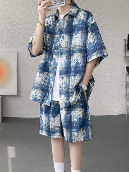 Men's Plus Size Casual Plaid Print Shirt & Shorts Set