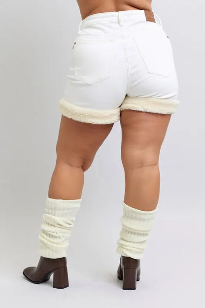 Judy Blue Full Size High Waist Shearling Cuff Denim Shorts Plus Size