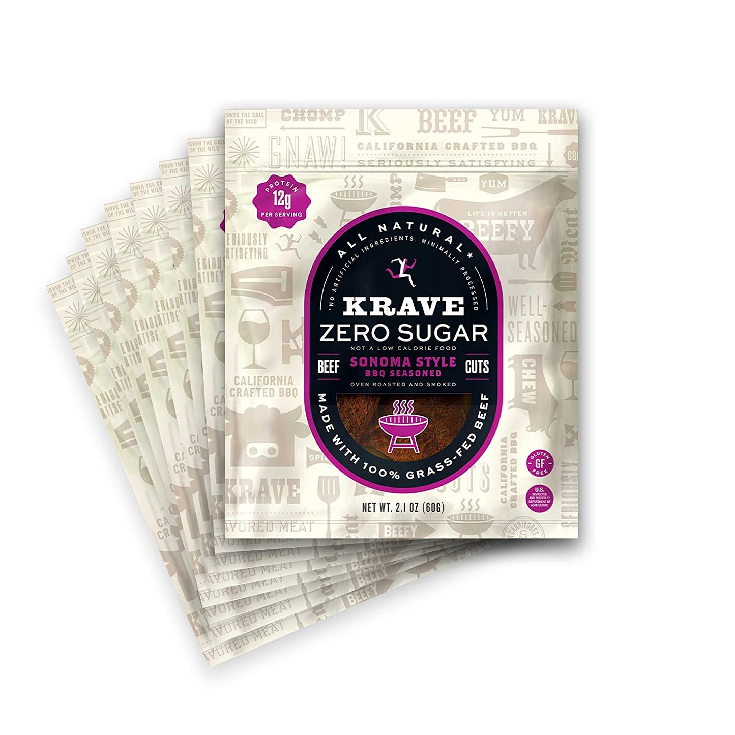 Krave Beef Jerky: Sugar-Free Sonoma BBQ, 2.1 Oz Pack of 8