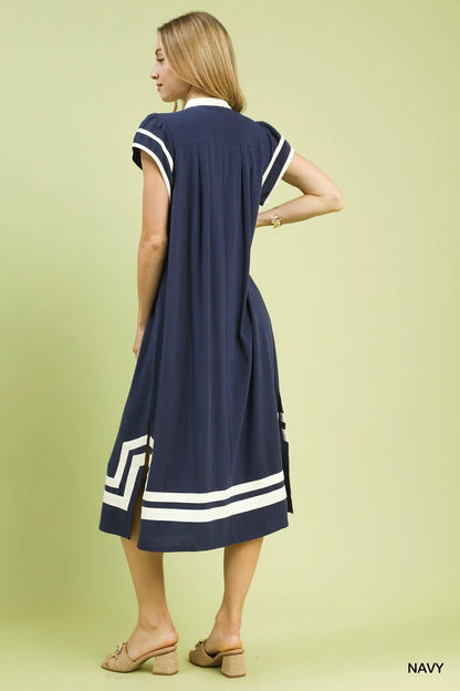 Umgee Linen Cotton Contrast Neckline Midi Dress