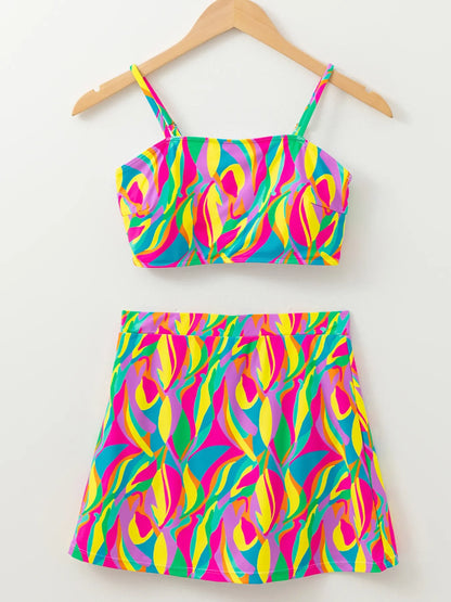 Multicolour Abstract Print Textured Spaghetti Strap High Waist Bikini Set