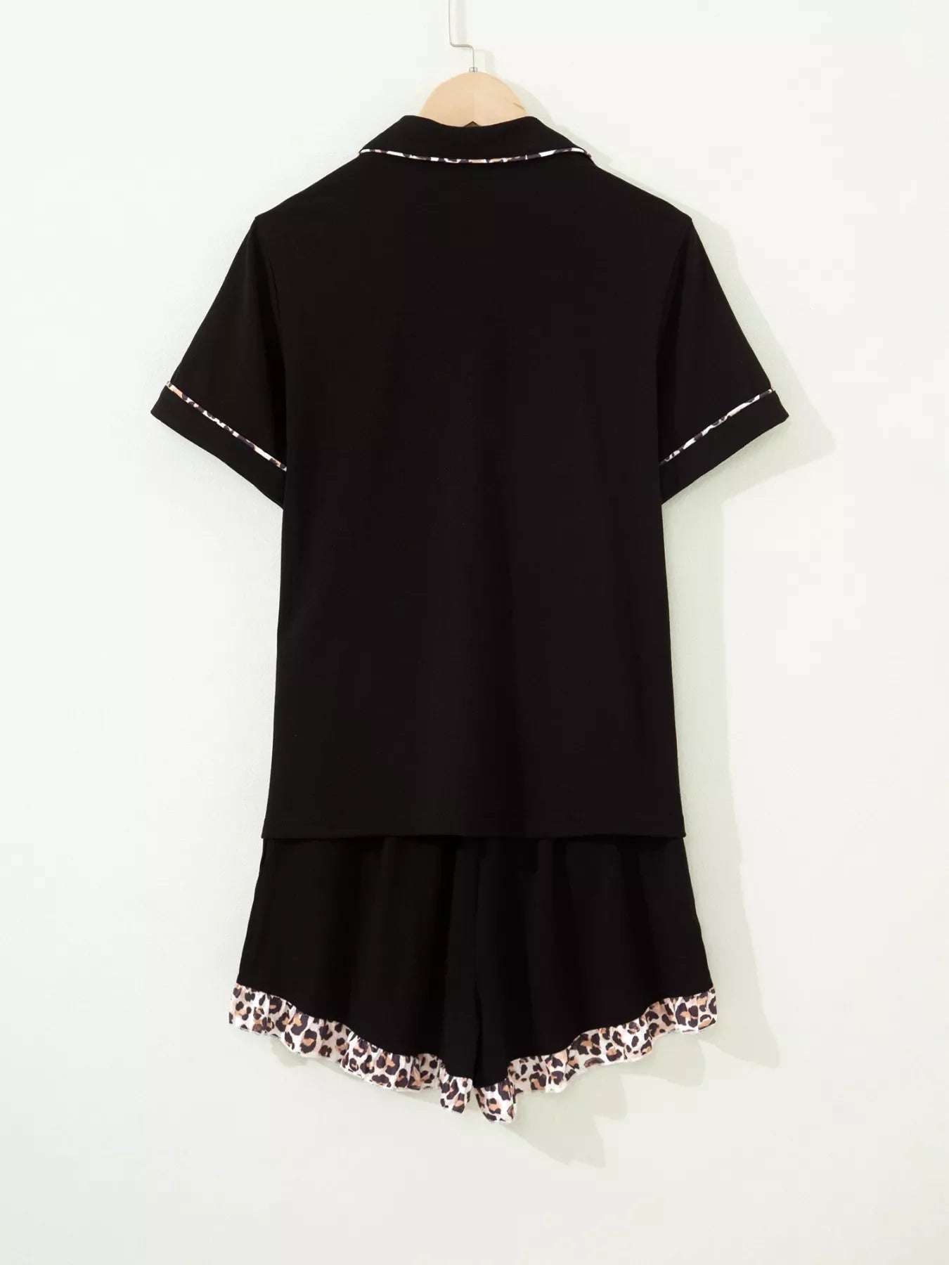 k Leopard Patchwork Trim Lapel Shirt Drawstring Shorts 2pcs Pajama Set