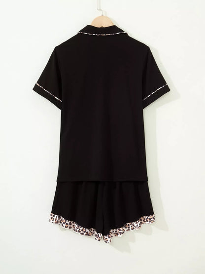 k Leopard Patchwork Trim Lapel Shirt Drawstring Shorts 2pcs Pajama Set