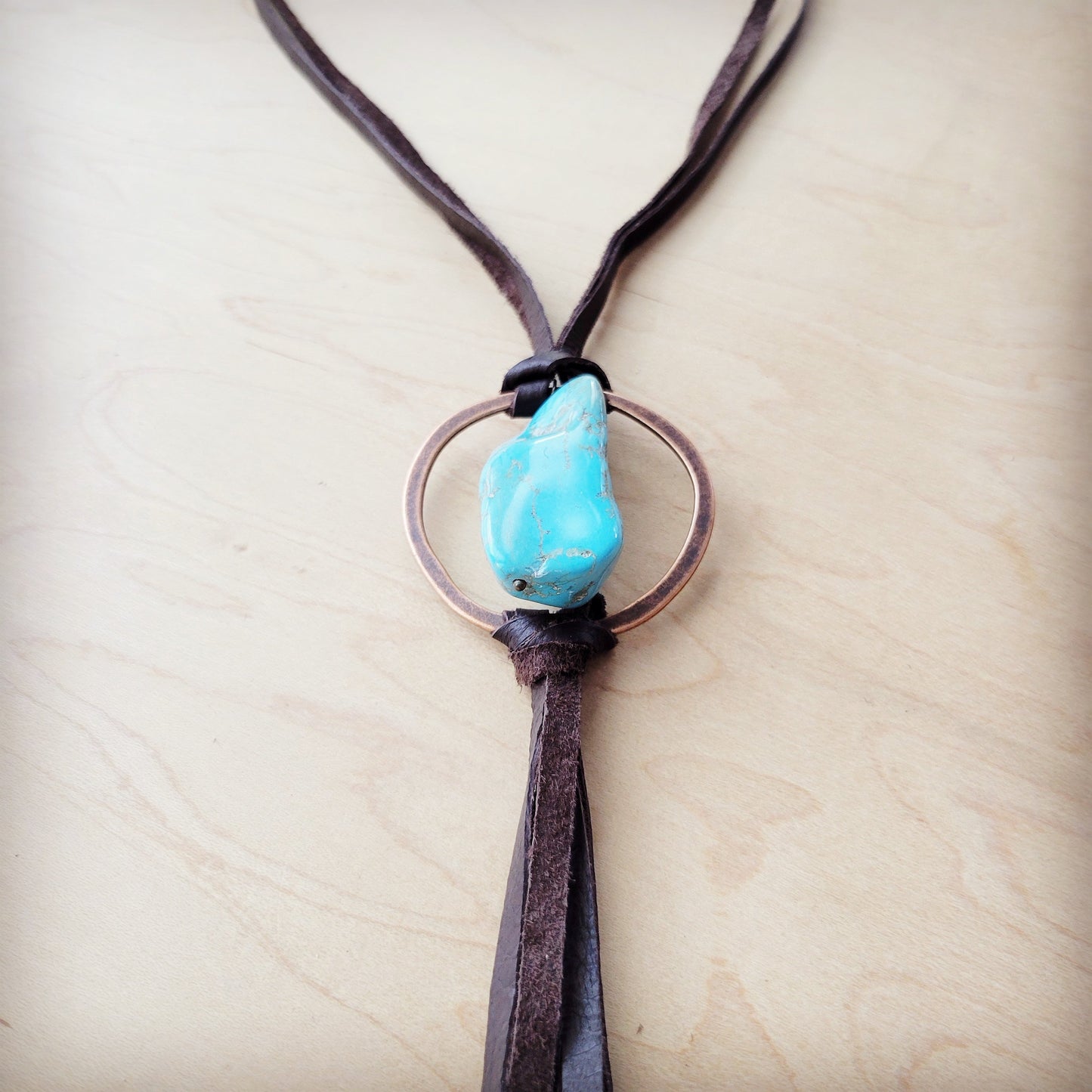 **Brown Boho Leather Necklace w/ Large Turquoise Chunky Pendant 261m