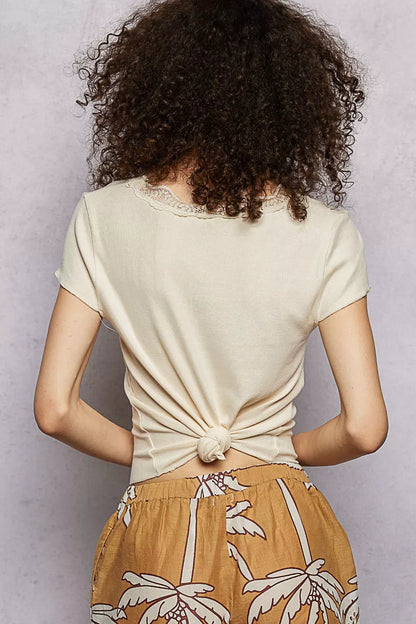 POL Round Neck Short Sleeve Crop T-Shirt with Lace Trim
