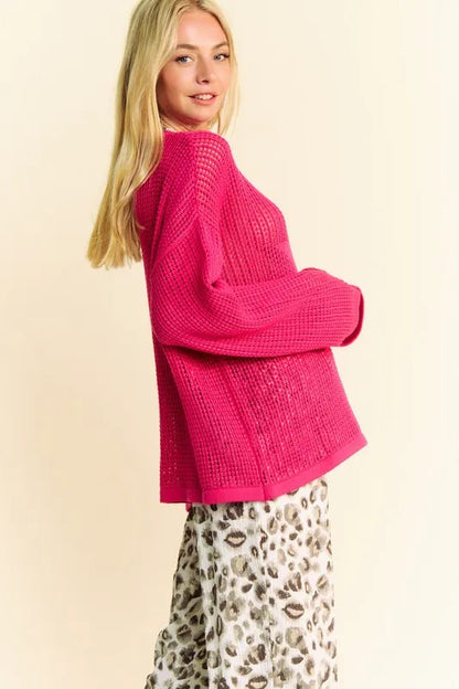 Davi & Dani Star Front Crochet Drop Shoulder Knit Top