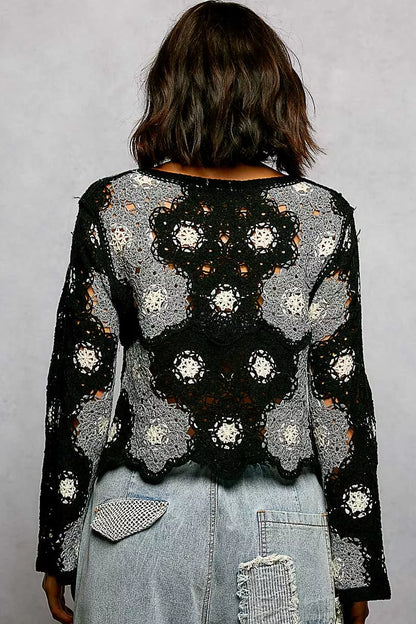POL Floral Weave Pattern Crochet Cropped Top with Beads Detail