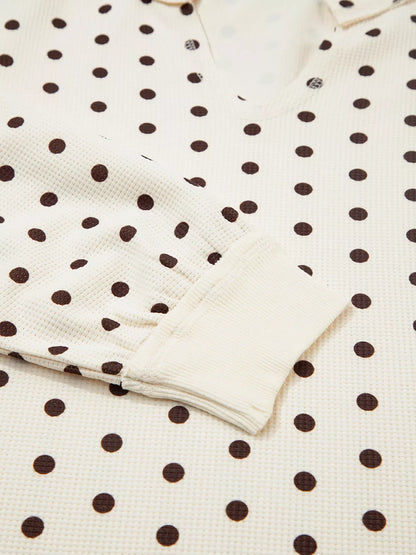 Polka Dot Notched Long Sleeve Top and Drawstring Joggers Lounge Set
