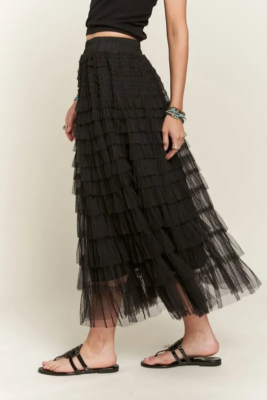 ADORA Elastic Waist Layered Mesh Midi Skirt