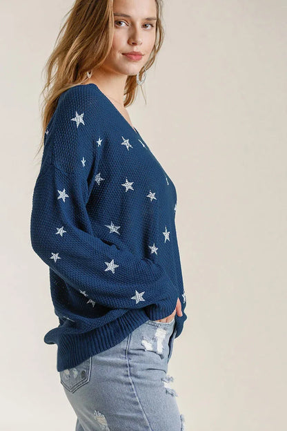 Umgee Full Size Star V-Neck Long Sleeve Sweater Plus Size