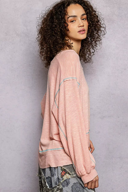 POL Round Neck Long Sleeve Exposed Seam Top with Chest Pocket