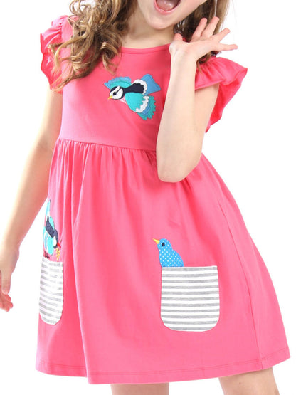 Children's Bird Applique Pocket Ruffle Sleeve Dress