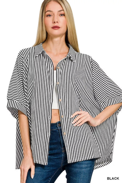 Zenana Oversized Stripe Button Down Shirt