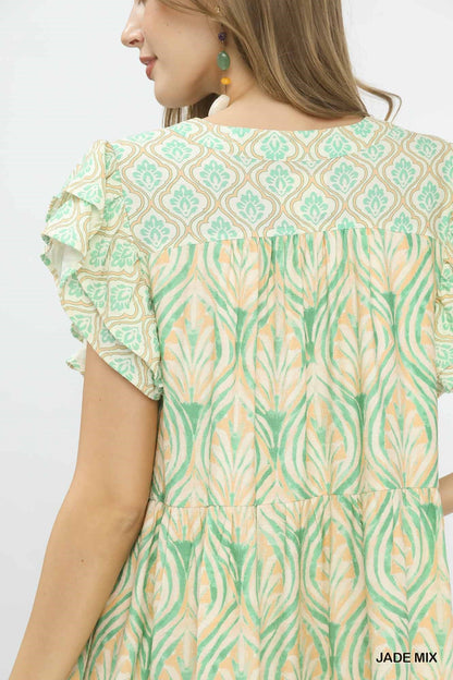 Umgee Mix Printed Flutter Sleeve Dress