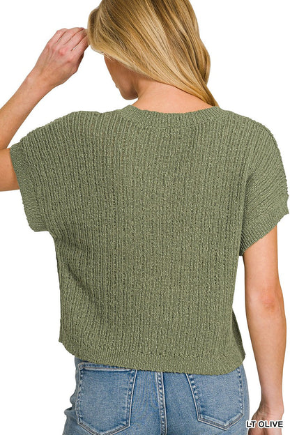 Zenana Textured Knit V-Neck Cropped Sweater