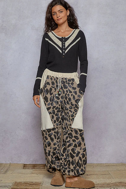 POL Ribbed Half Button Lace Detail Knit Top