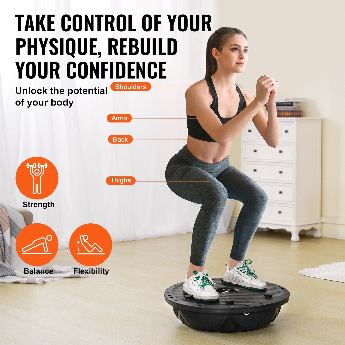Half Exercise Ball Trainer, 23 Inch Balance Ball Trainer, 660 Lbs Capacity Stability Ball, Yoga Ball With Resistance Bands And Pump, Strength Fitness Ball For Home Gym, Full Body Workouts, Black