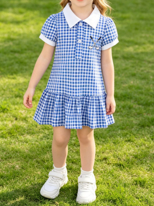 Children's Gingham Polo Collar Ruffle Hem Dress