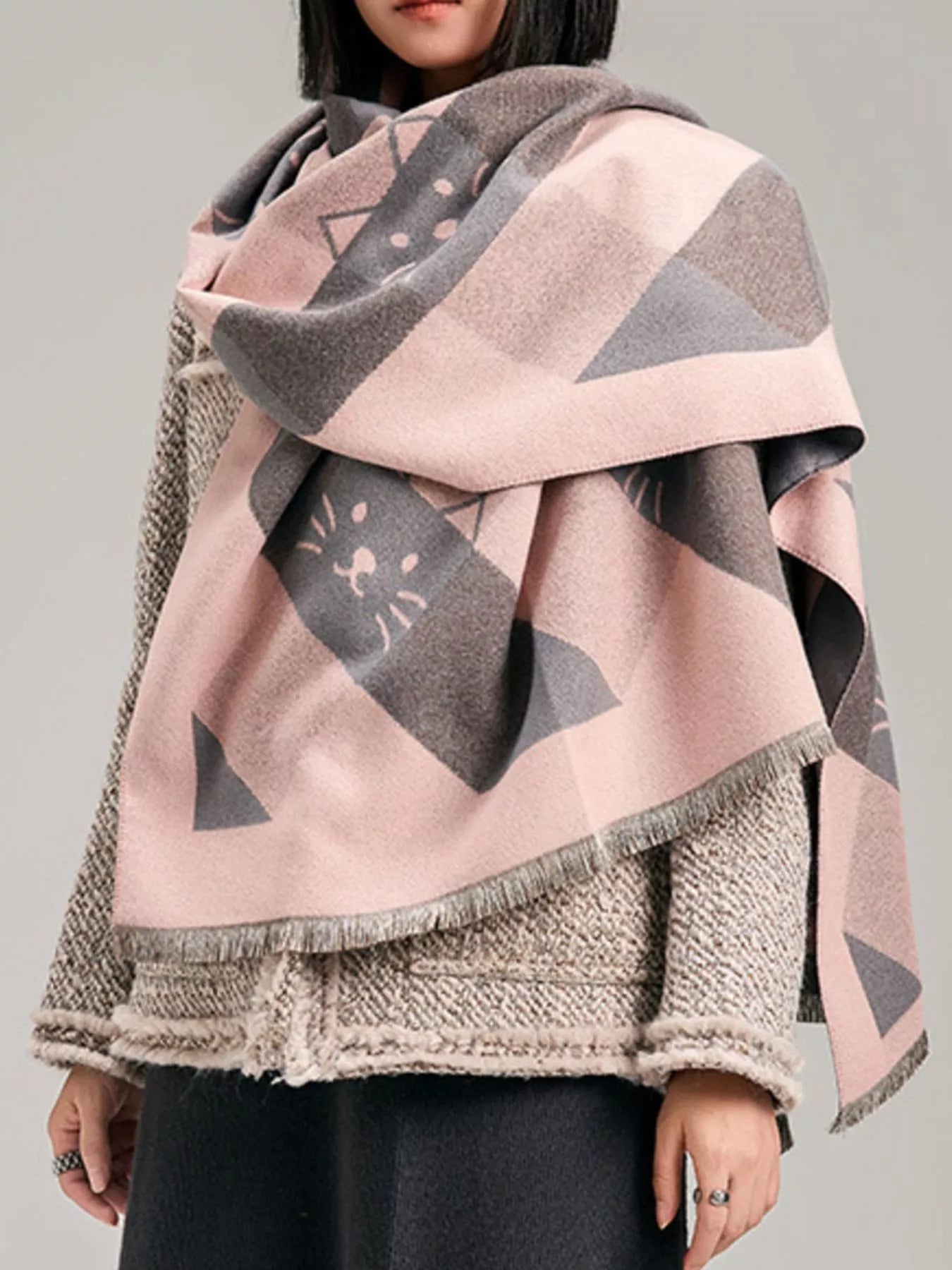 Cute Cat Pattern Plaid Raw Hem Scarf