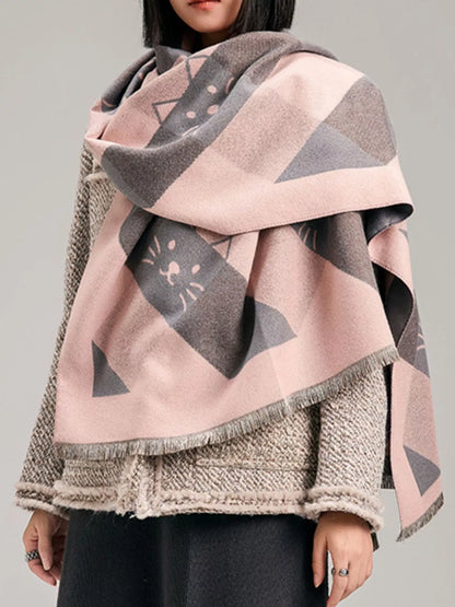 Cute Cat Pattern Plaid Raw Hem Scarf