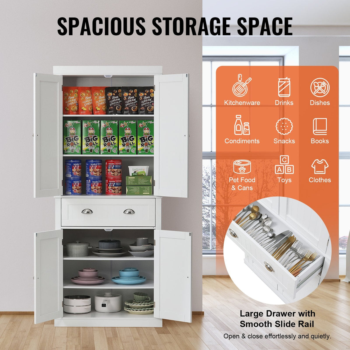 VEVOR  Kitchen Pantry Storage Cabinet, Freestanding Utility Cabinets With Doors, Drawer And 3 Adjustable Shelves, Tall Food Buffet Pantries For Kitchen, Living Room, Dinning Room, Laundry, White