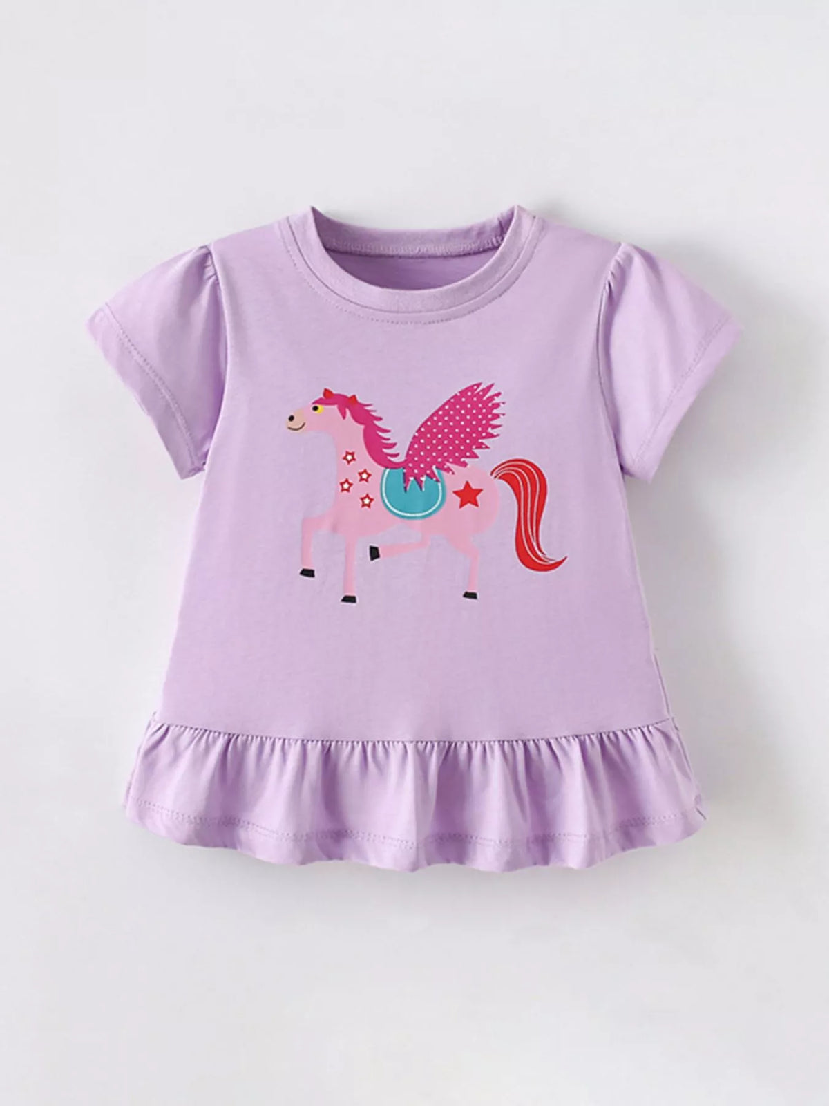 Children's Cute Cartoon Horse Graphic Top with Ruffle Hem