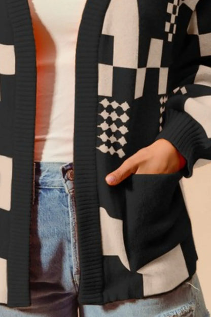 SO ME Checkered Open Front Cardigan with Pockets