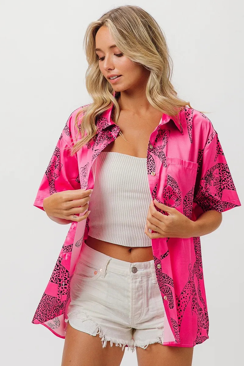 BiBi Leopard Print Short Sleeve Silky Satin Shirt Top