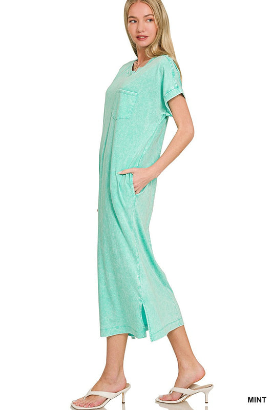 Zenana Washed Exposed Seam Short Sleeve T-Shirt Dress