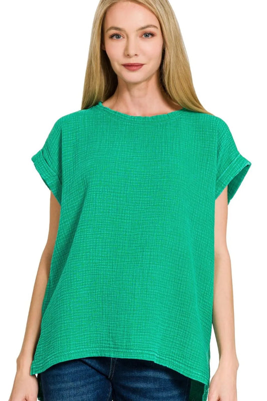 Zenana Woven Double Gauze Acid Washed Short Sleeve Top